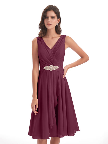 Caylee Knee Length V-neck Asymmetrical Chiffon Bridesmaid Dresses