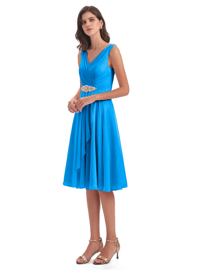 Caylee Knee Length V-neck Asymmetrical Chiffon Bridesmaid Dresses