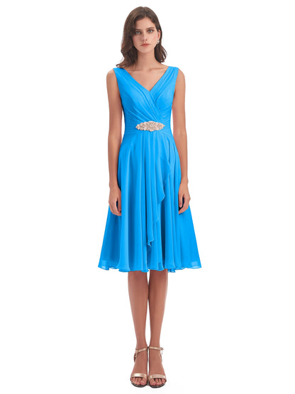 Caylee Knee Length V-neck Asymmetrical Chiffon Bridesmaid Dresses