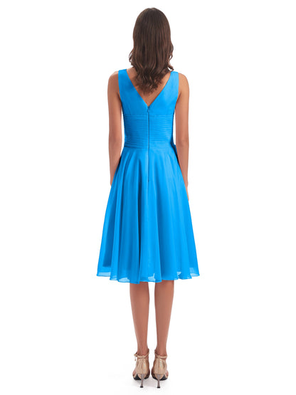 Caylee Knee Length V-neck Asymmetrical Chiffon Bridesmaid Dresses