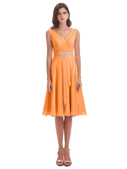 Caylee Knee Length V-neck Asymmetrical Chiffon Bridesmaid Dresses