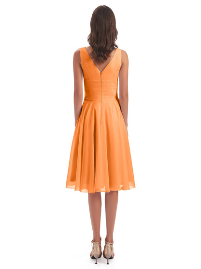 Caylee Knee Length V-neck Asymmetrical Chiffon Bridesmaid Dresses