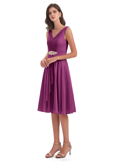 Caylee Knee Length V-neck Asymmetrical Chiffon Bridesmaid Dresses