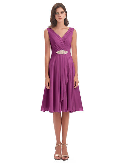 Caylee Knee Length V-neck Asymmetrical Chiffon Bridesmaid Dresses
