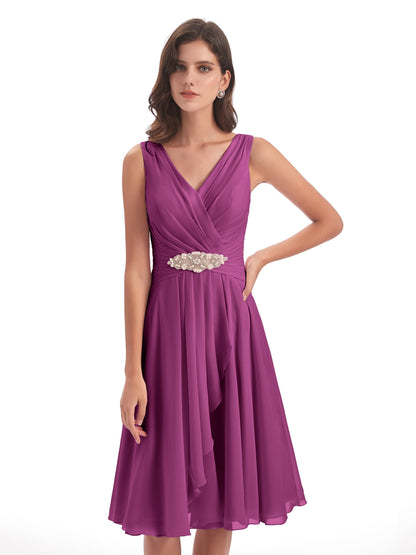 Caylee Knee Length V-neck Asymmetrical Chiffon Bridesmaid Dresses