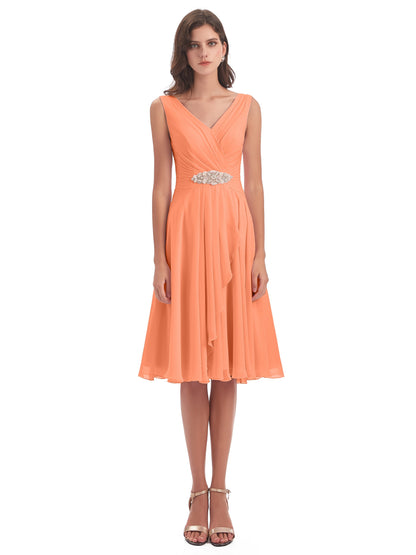 Caylee Knee Length V-neck Asymmetrical Chiffon Bridesmaid Dresses