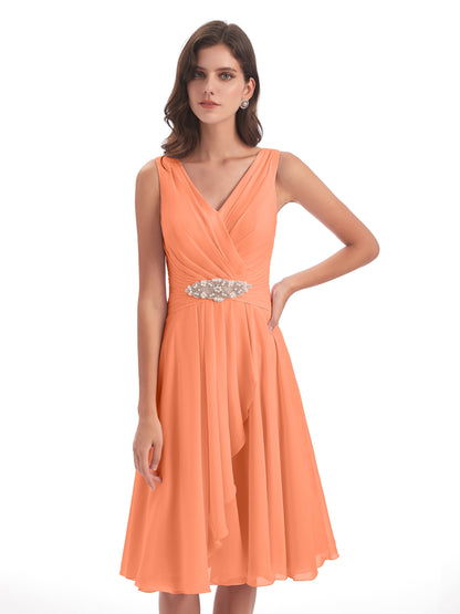 Caylee Knee Length V-neck Asymmetrical Chiffon Bridesmaid Dresses
