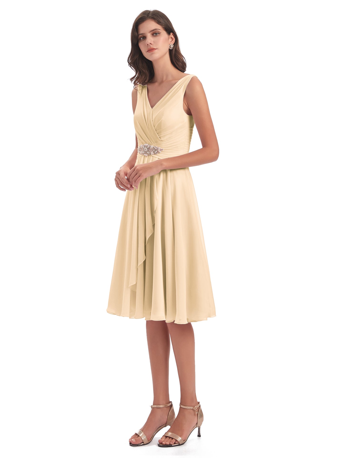 Caylee Knee Length V-neck Asymmetrical Chiffon Bridesmaid Dresses