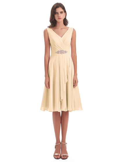 Caylee Knee Length V-neck Asymmetrical Chiffon Bridesmaid Dresses