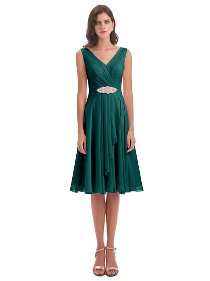 Caylee Knee Length V-neck Asymmetrical Chiffon Bridesmaid Dresses