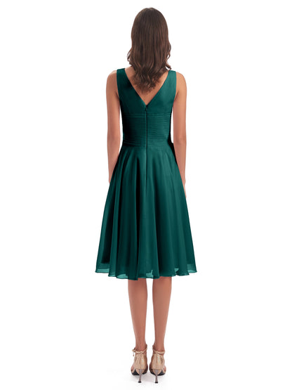 Caylee Knee Length V-neck Asymmetrical Chiffon Bridesmaid Dresses