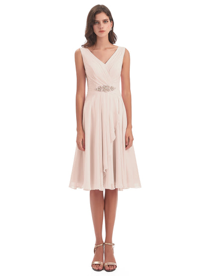 Caylee Knee Length V-neck Asymmetrical Chiffon Bridesmaid Dresses