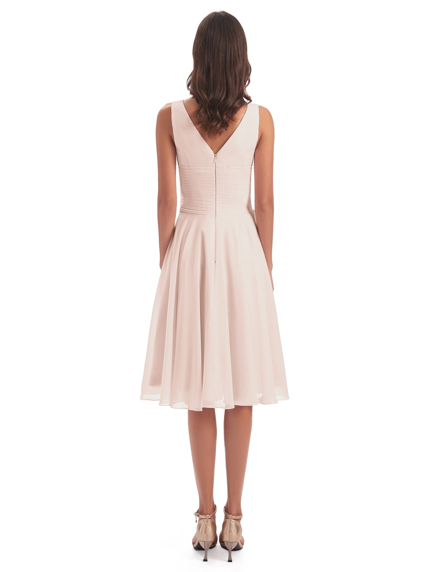Caylee Knee Length V-neck Asymmetrical Chiffon Bridesmaid Dresses
