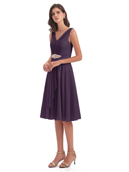 Caylee Knee Length V-neck Asymmetrical Chiffon Bridesmaid Dresses