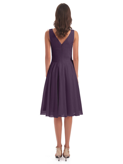 Caylee Knee Length V-neck Asymmetrical Chiffon Bridesmaid Dresses