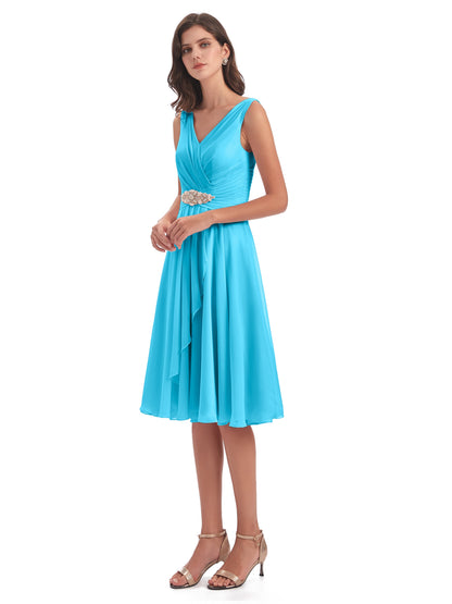 Caylee Knee Length V-neck Asymmetrical Chiffon Bridesmaid Dresses