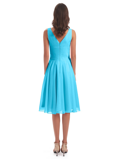 Caylee Knee Length V-neck Asymmetrical Chiffon Bridesmaid Dresses