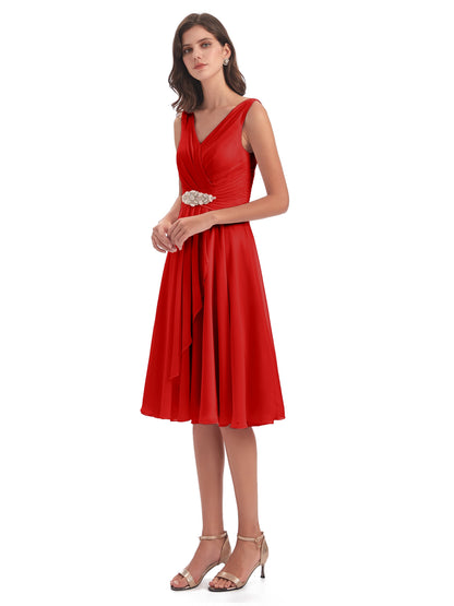 Caylee Knee Length V-neck Asymmetrical Chiffon Bridesmaid Dresses