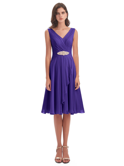 Caylee Knee Length V-neck Asymmetrical Chiffon Bridesmaid Dresses