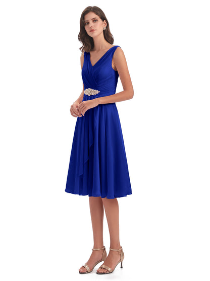 Caylee Knee Length V-neck Asymmetrical Chiffon Bridesmaid Dresses