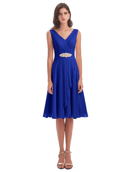 Caylee Knee Length V-neck Asymmetrical Chiffon Bridesmaid Dresses