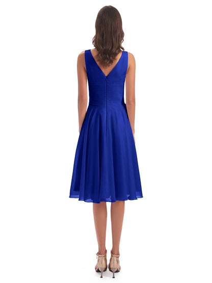 Caylee Knee Length V-neck Asymmetrical Chiffon Bridesmaid Dresses