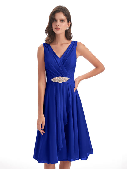 Caylee Knee Length V-neck Asymmetrical Chiffon Bridesmaid Dresses