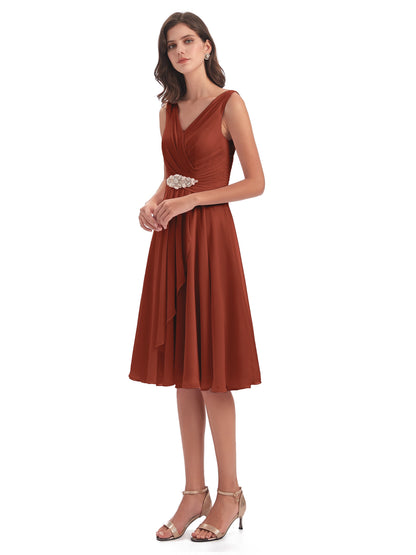 Caylee Knee Length V-neck Asymmetrical Chiffon Bridesmaid Dresses