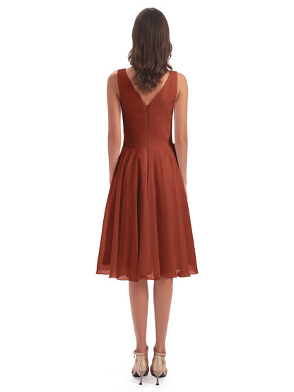 Caylee Knee Length V-neck Asymmetrical Chiffon Bridesmaid Dresses