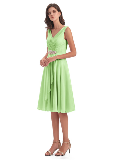 Caylee Knee Length V-neck Asymmetrical Chiffon Bridesmaid Dresses