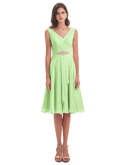 Caylee Knee Length V-neck Asymmetrical Chiffon Bridesmaid Dresses