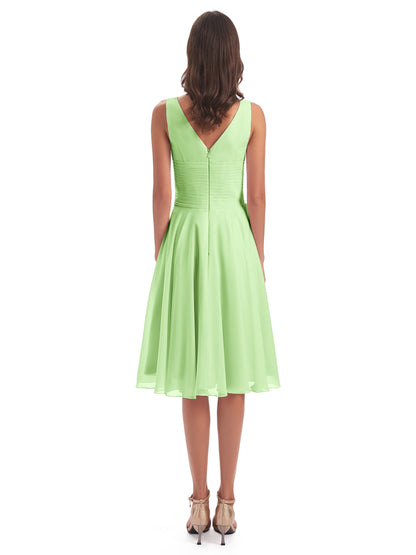 Caylee Knee Length V-neck Asymmetrical Chiffon Bridesmaid Dresses