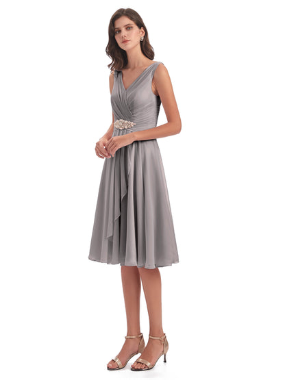 Caylee Knee Length V-neck Asymmetrical Chiffon Bridesmaid Dresses