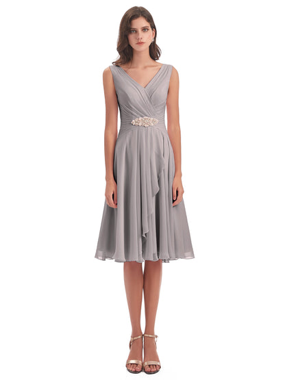 Caylee Knee Length V-neck Asymmetrical Chiffon Bridesmaid Dresses