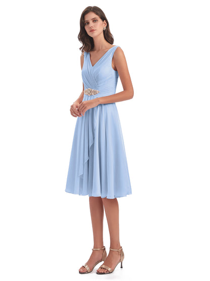 Caylee Knee Length V-neck Asymmetrical Chiffon Bridesmaid Dresses