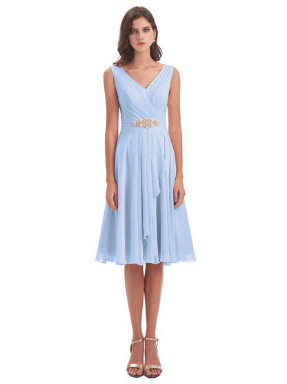 Caylee Knee Length V-neck Asymmetrical Chiffon Bridesmaid Dresses