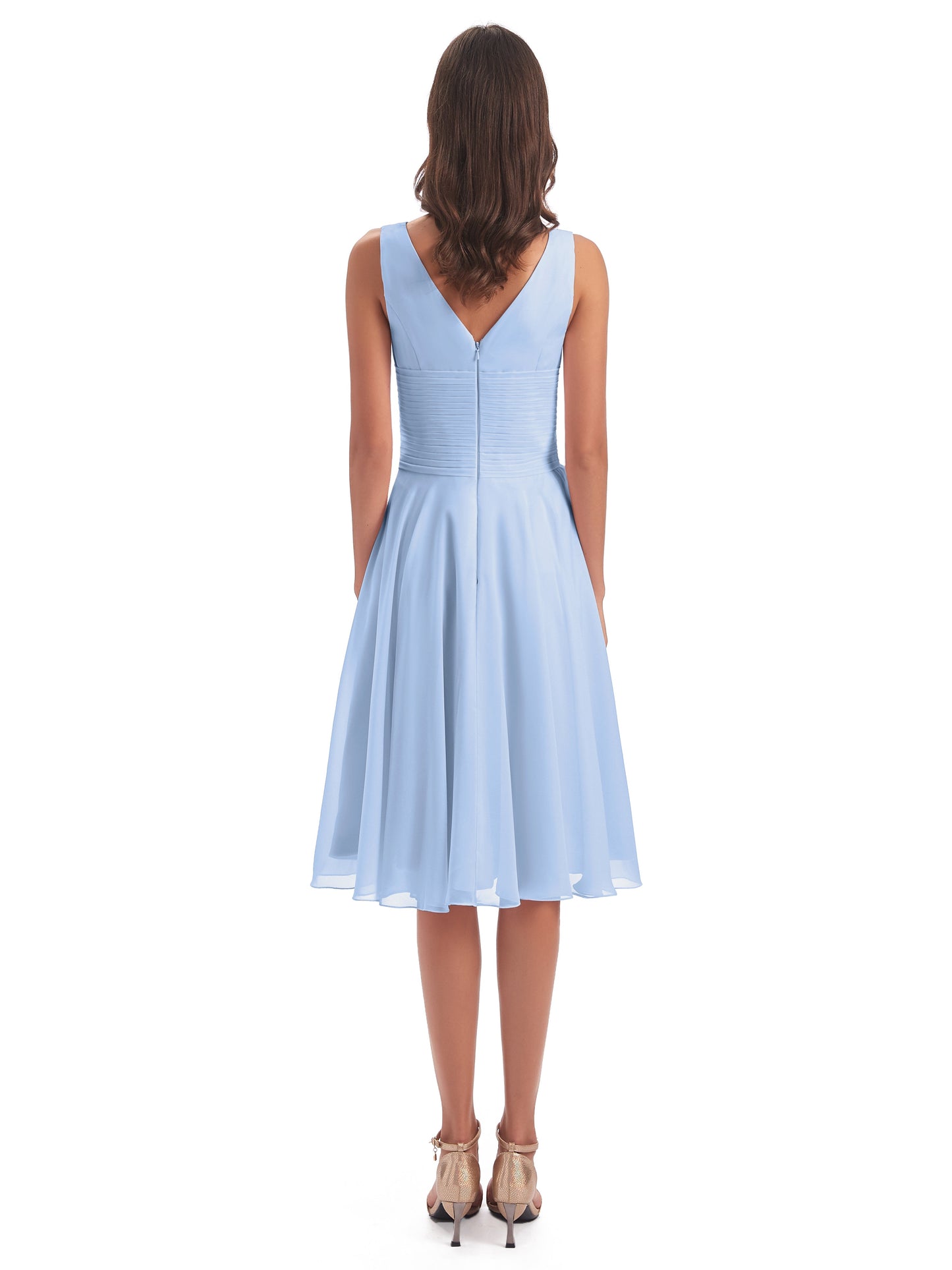 Caylee Knee Length V-neck Asymmetrical Chiffon Bridesmaid Dresses