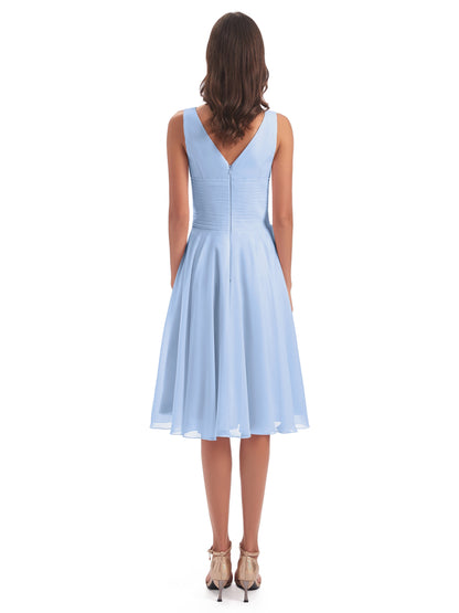 Caylee Knee Length V-neck Asymmetrical Chiffon Bridesmaid Dresses
