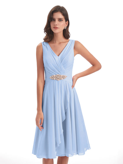 Caylee Knee Length V-neck Asymmetrical Chiffon Bridesmaid Dresses