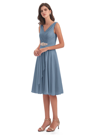 Caylee Knee Length V-neck Asymmetrical Chiffon Bridesmaid Dresses