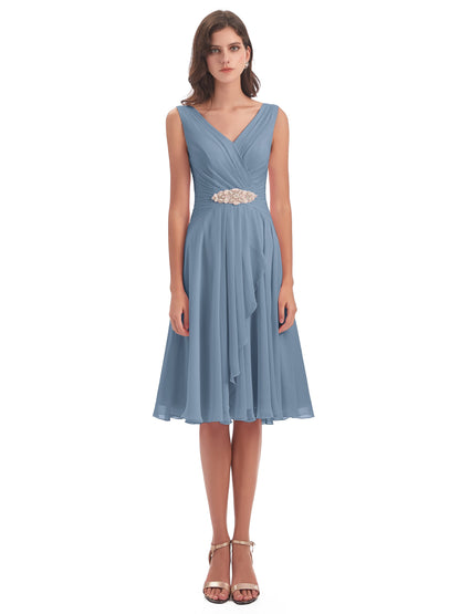 Caylee Knee Length V-neck Asymmetrical Chiffon Bridesmaid Dresses