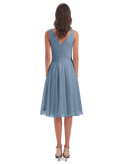 Caylee Knee Length V-neck Asymmetrical Chiffon Bridesmaid Dresses