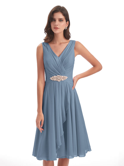 Caylee Knee Length V-neck Asymmetrical Chiffon Bridesmaid Dresses