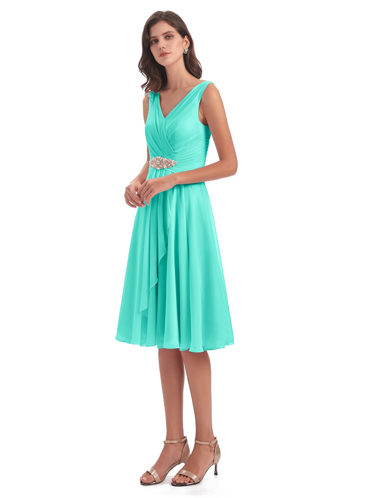 Caylee Knee Length V-neck Asymmetrical Chiffon Bridesmaid Dresses