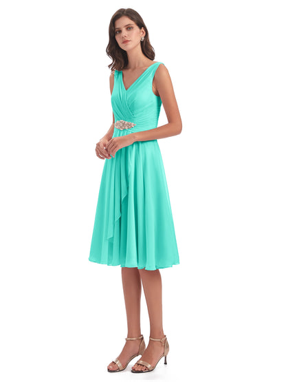 Caylee Knee Length V-neck Asymmetrical Chiffon Bridesmaid Dresses