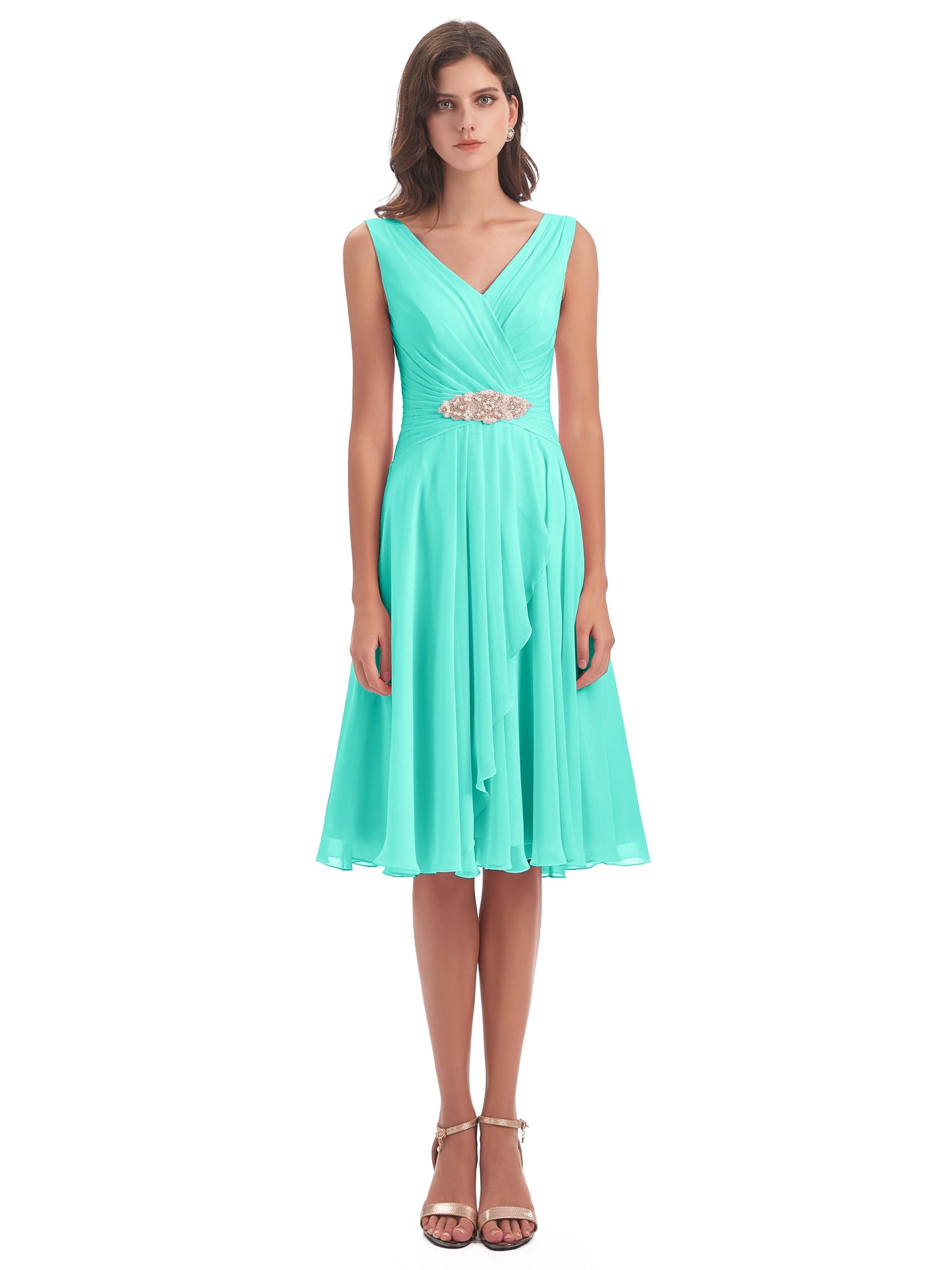 Caylee Knee Length V-neck Asymmetrical Chiffon Bridesmaid Dresses