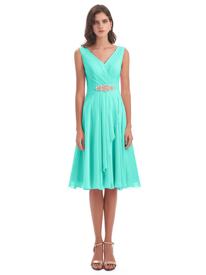 Caylee Knee Length V-neck Asymmetrical Chiffon Bridesmaid Dresses