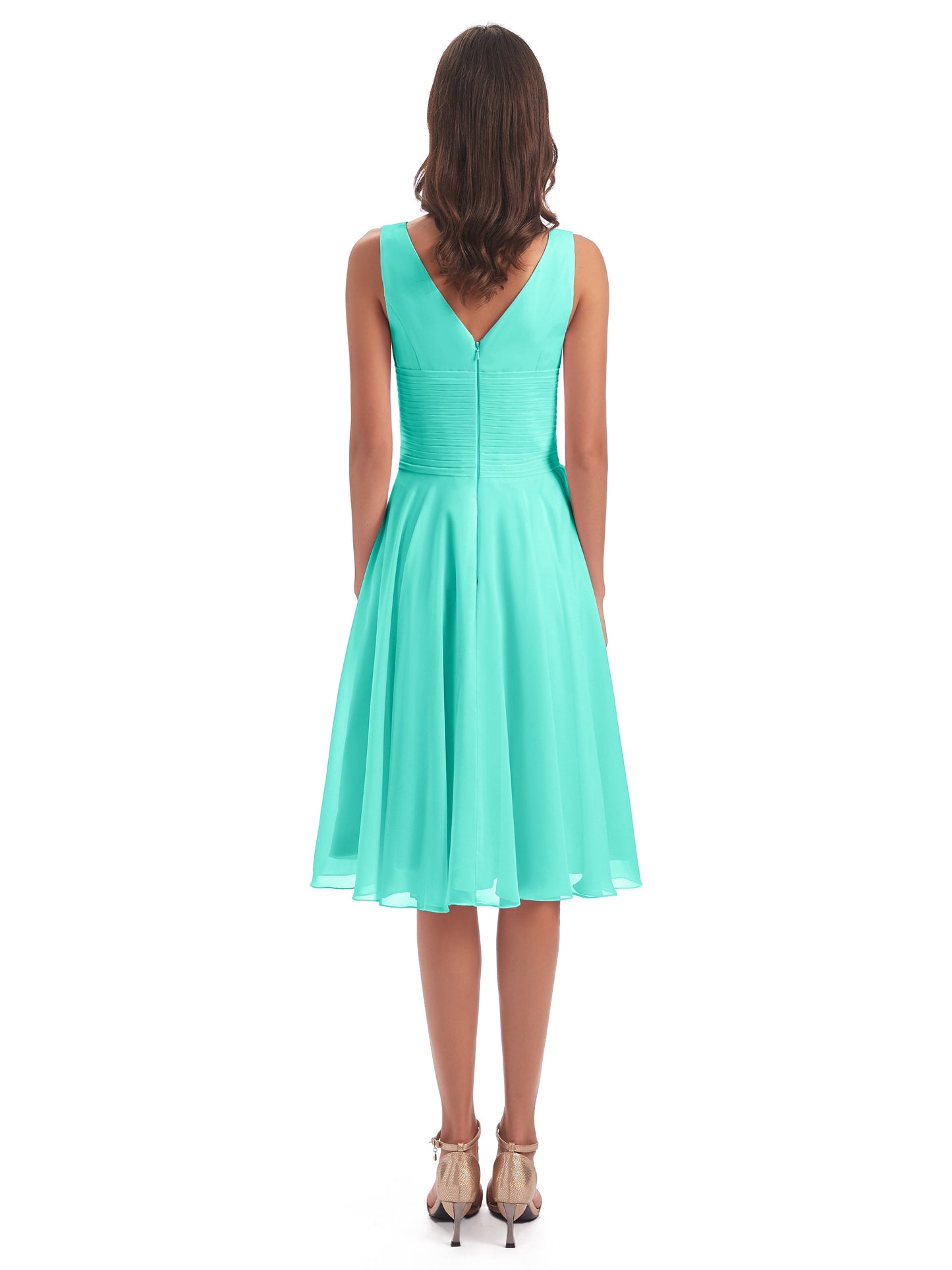 Caylee Knee Length V-neck Asymmetrical Chiffon Bridesmaid Dresses