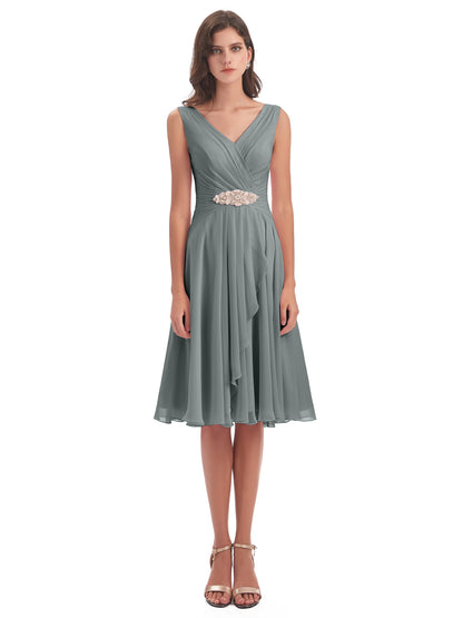 Caylee Knee Length V-neck Asymmetrical Chiffon Bridesmaid Dresses