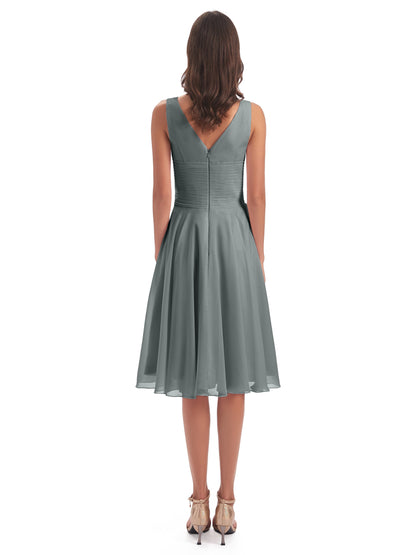 Caylee Knee Length V-neck Asymmetrical Chiffon Bridesmaid Dresses